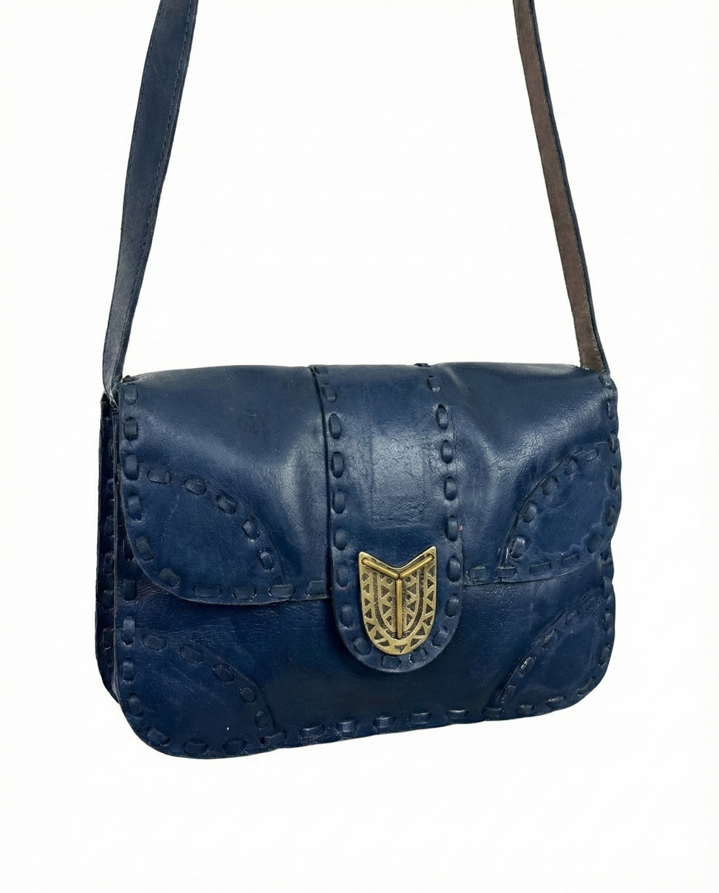 Vintage Navy Genuine Leather Whipstitch Shoulder Bag