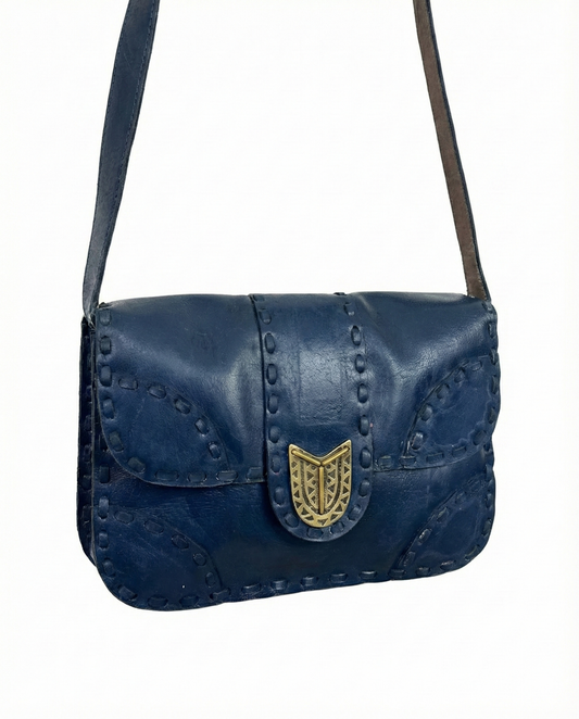 Vintage Navy Genuine Leather Whipstitch Shoulder Bag