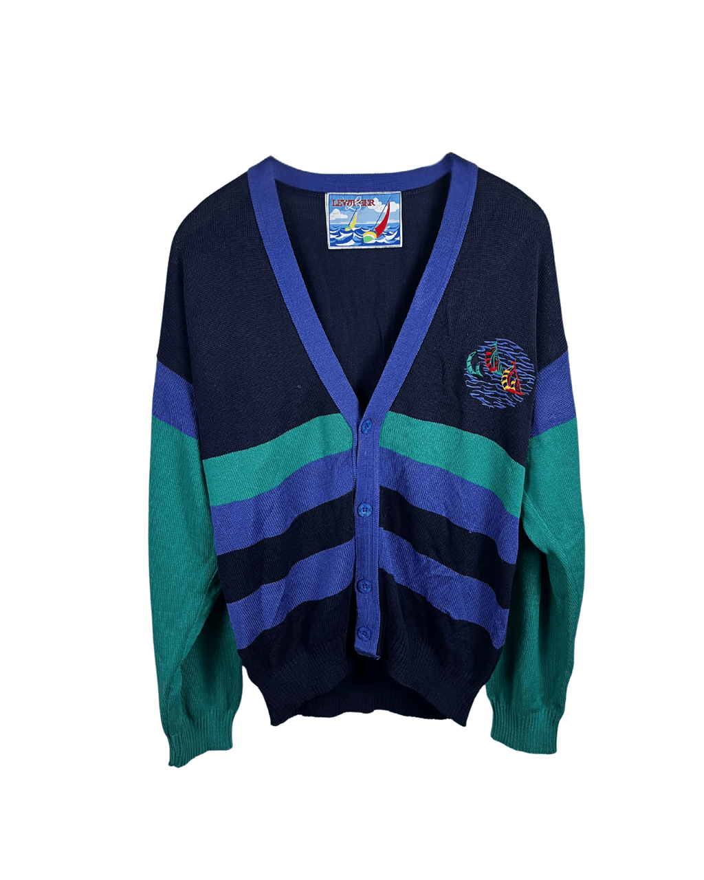 Lewinger Colorblock Cardigan Sailboat Embroidery Large - Funkify