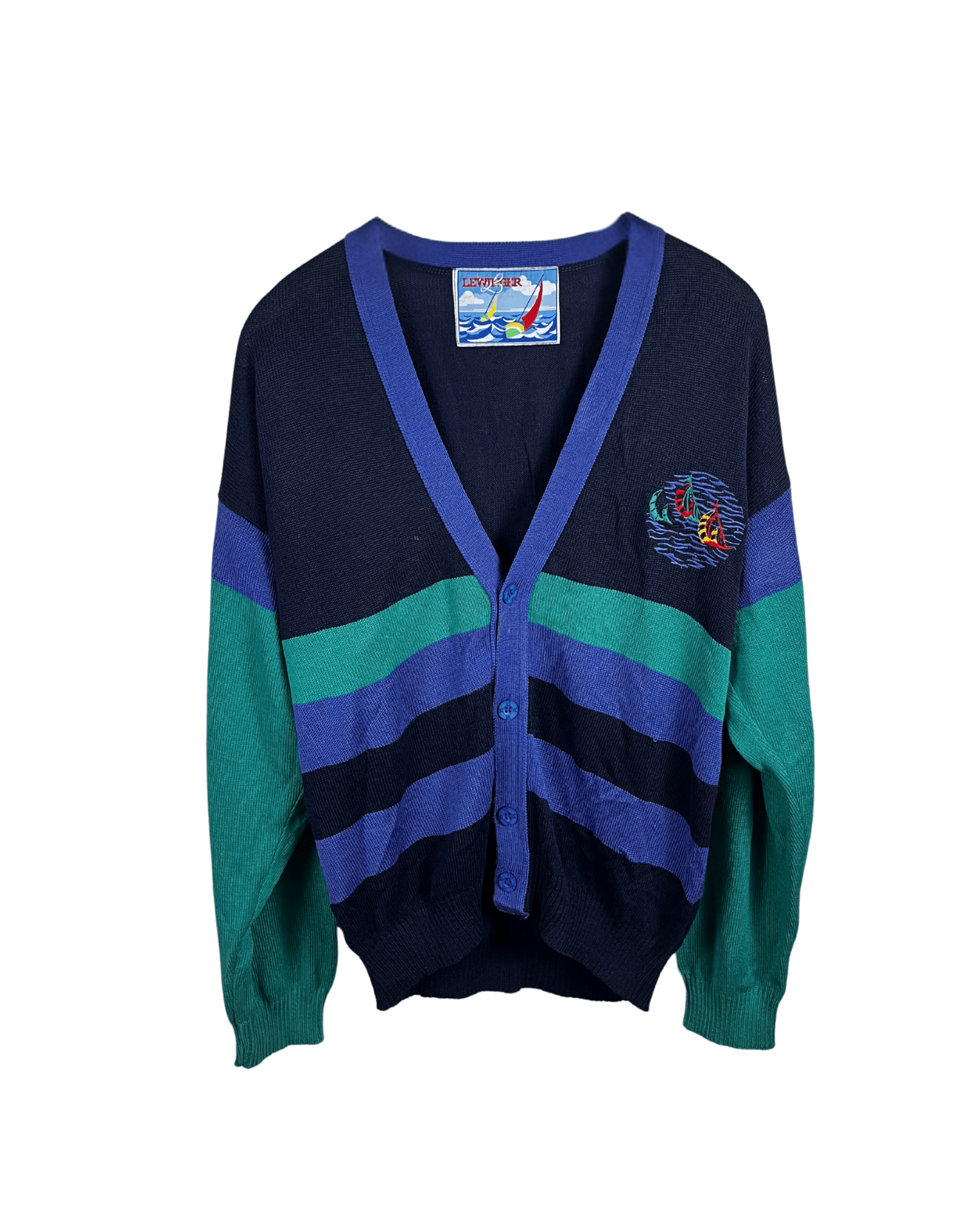Lewinger Colorblock Cardigan Sailboat Embroidery Large - Funkify