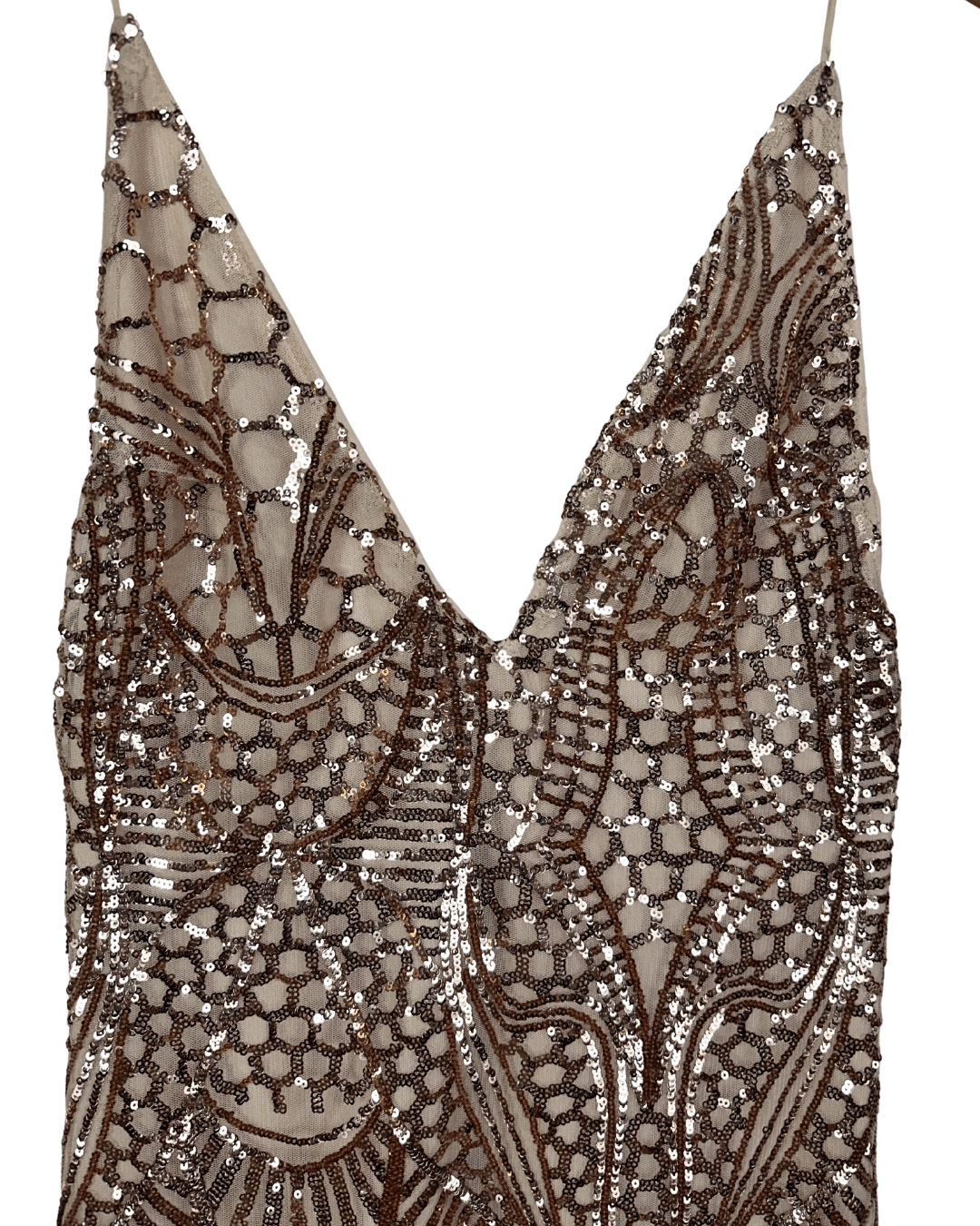 Love Triangle Sequin Embellished Cami Rose Gold Dress - Funkify