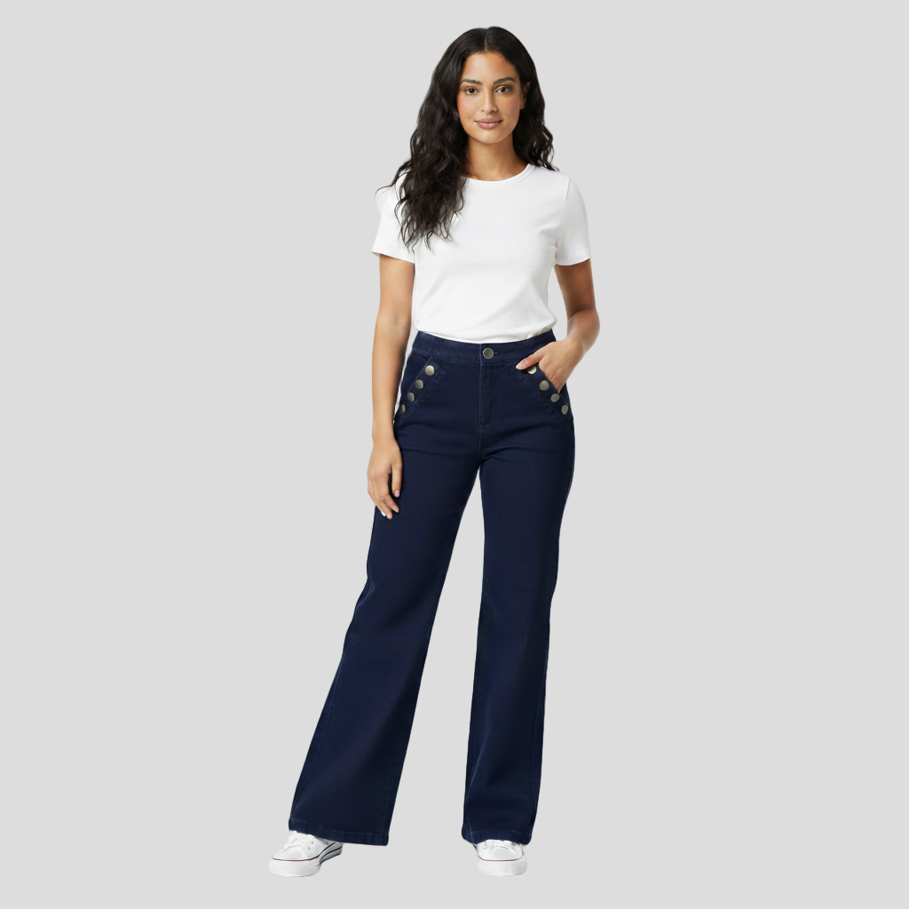 Woman wearing a white t-shirt and navy pants on a white background