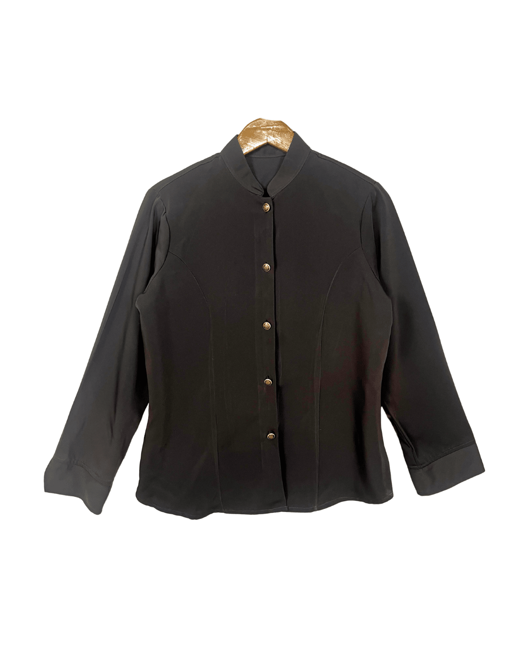Mandarin Collar Brown Women's Shirt with Gold Crest Buttons - Funkify