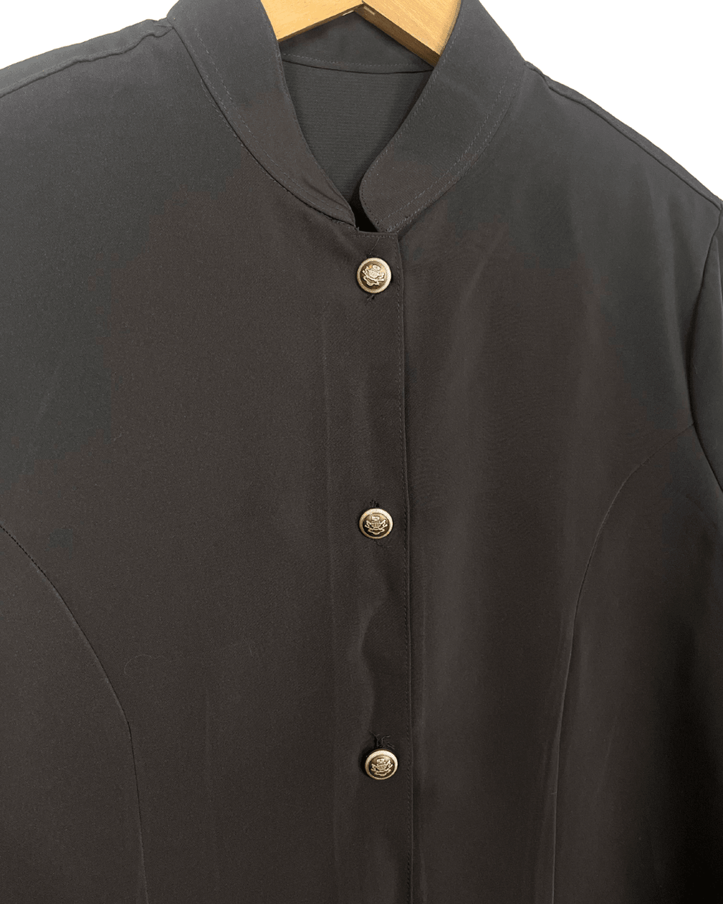 Mandarin Collar Brown Women's Shirt with Gold Crest Buttons - Funkify
