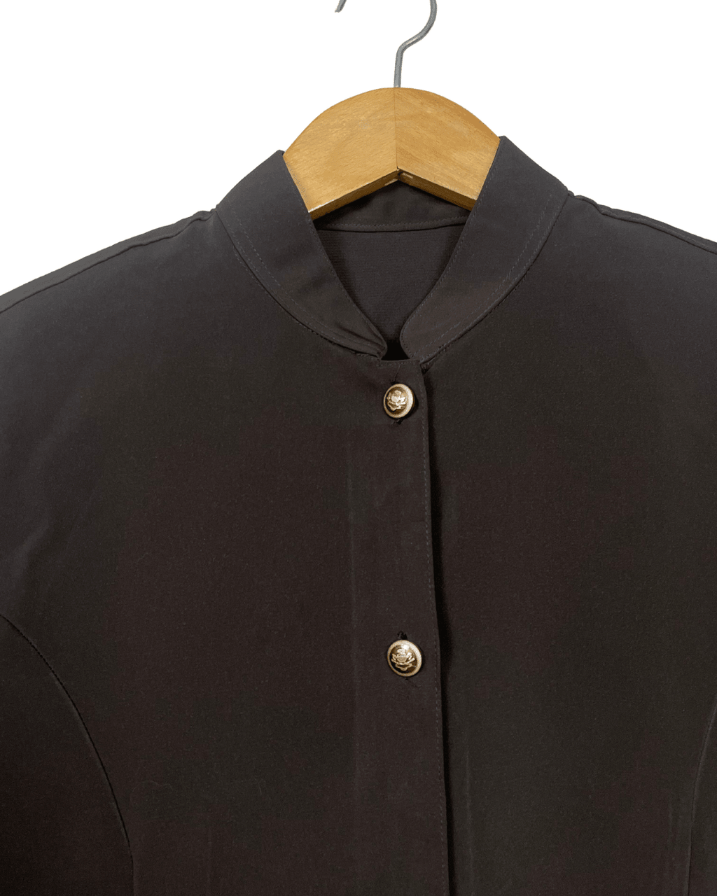 Mandarin Collar Brown Women's Shirt with Gold Crest Buttons - Funkify