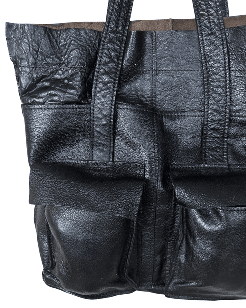 MNG Accessories Black Genuine Leather Tote Bag with Front Pockets - Funkify