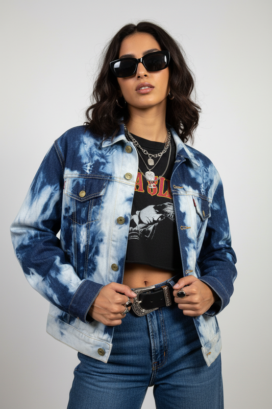 model wearing Levi's bleach tie-dye denim jacket