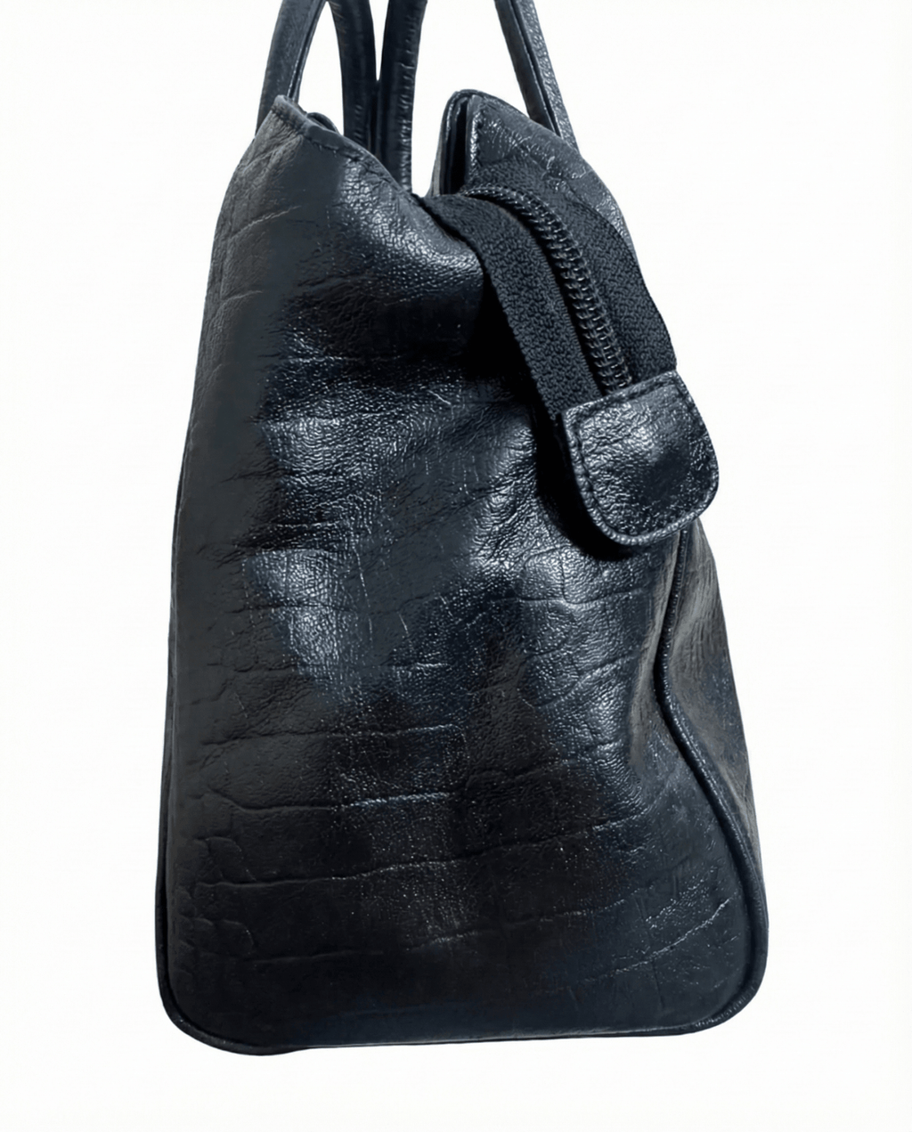 Moments Black Croc - Embossed Leather Handbag with Detachble Strap - Funkify