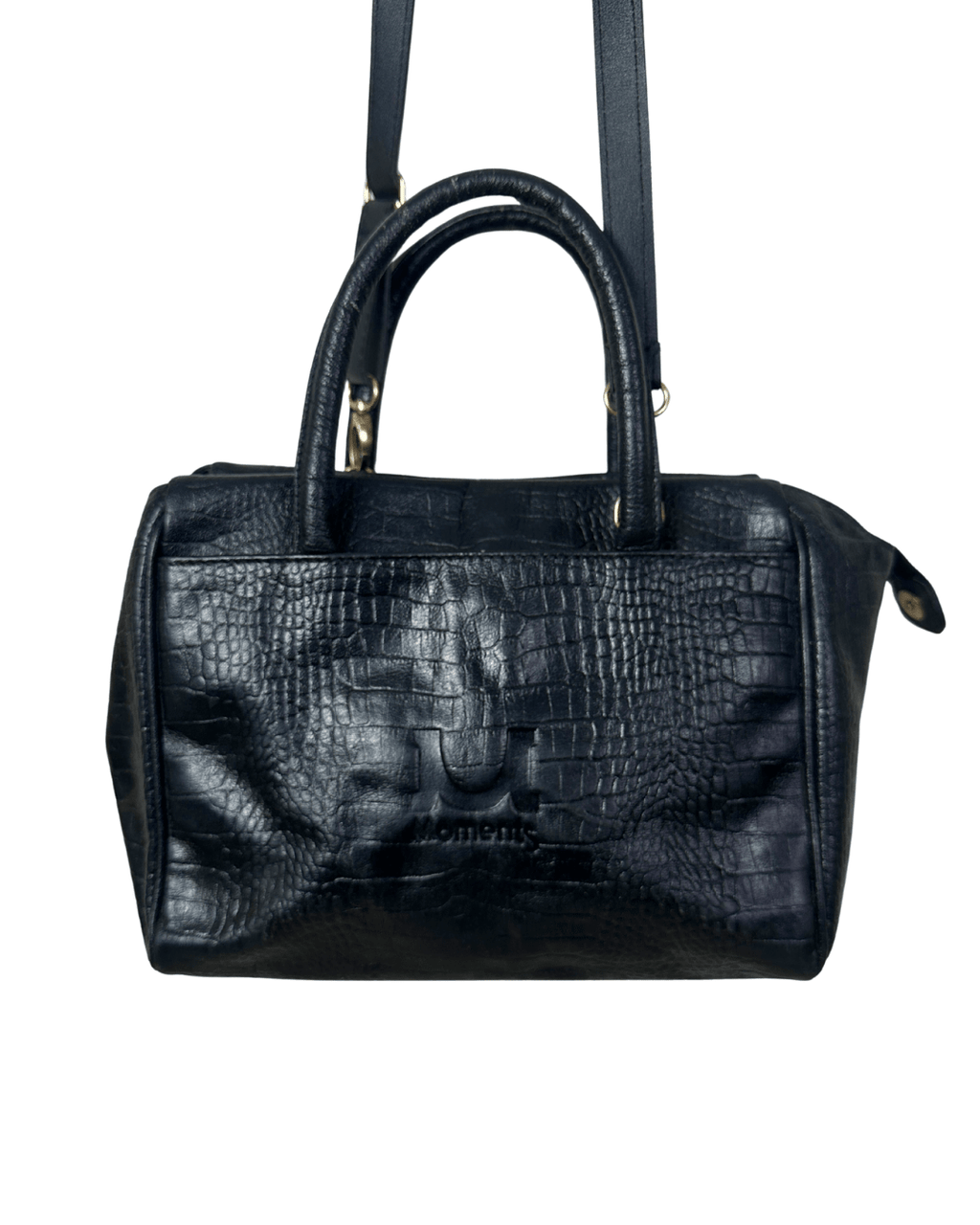 Moments Black Croc - Embossed Leather Handbag with Detachble Strap - Funkify