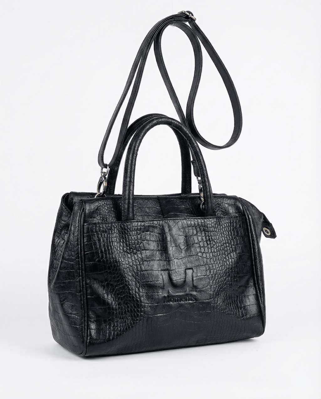 Moments Black Croc - Embossed Leather Handbag with Detachble Strap - Funkify