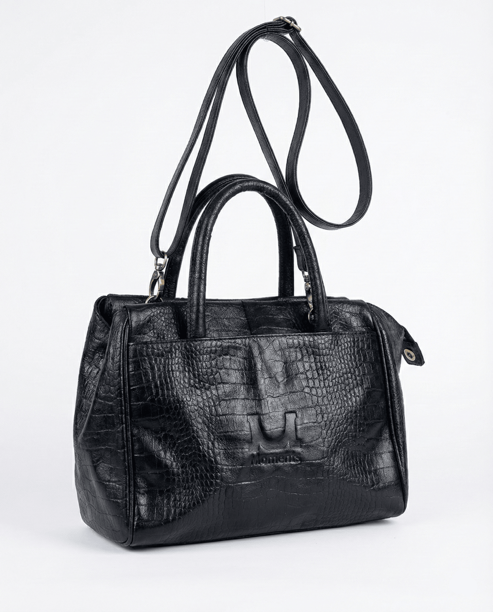 Moments Black Croc - Embossed Leather Handbag with Detachble Strap - Funkify