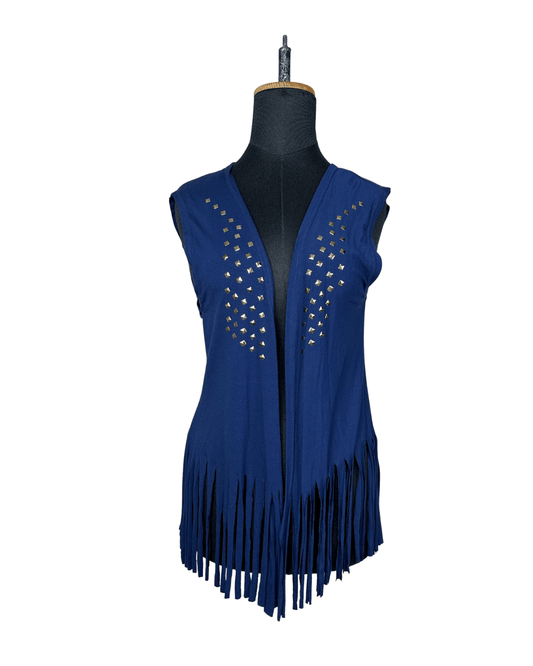 Navy Fringe Vest with Gold Studs - Funkify