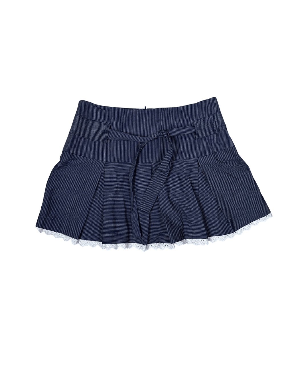 Orsay Striped Pleated Mini Skirt with Waist Tie & Lace Trim - Funkify
