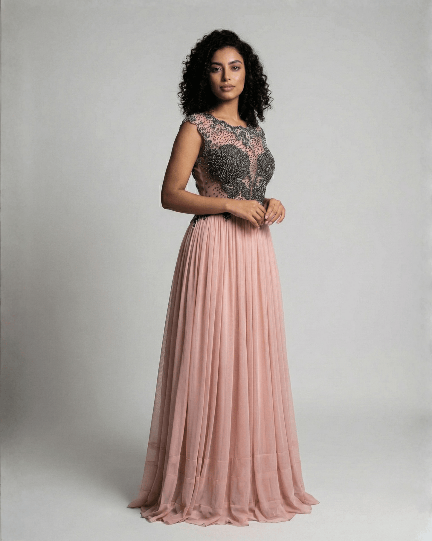 Pink Evening Gown with Sheer Beaded Bodice & Back - Funkify