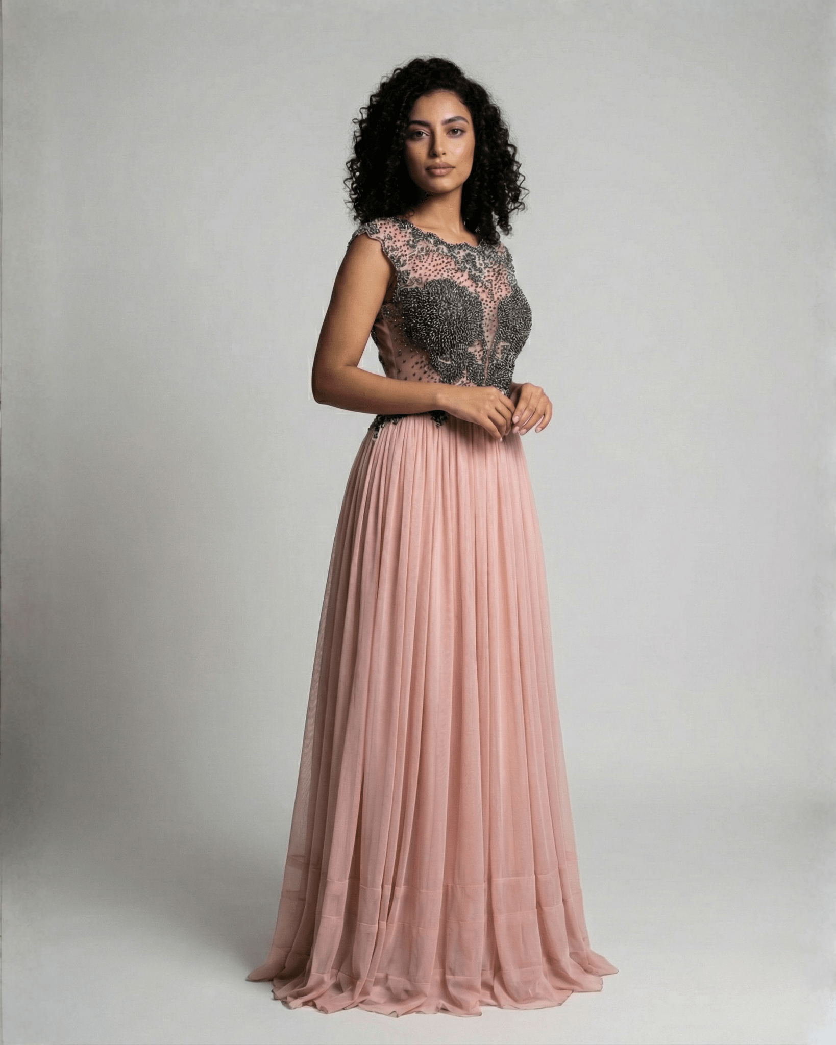 Pink Evening Gown with Sheer Beaded Bodice & Back - Funkify