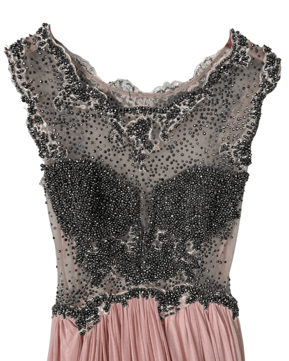 Pink Evening Gown with Sheer Beaded Bodice & Back - Funkify