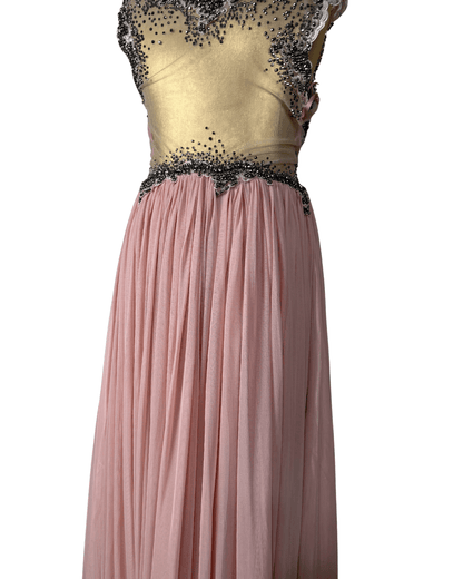 Pink Evening Gown with Sheer Beaded Bodice & Back - Funkify