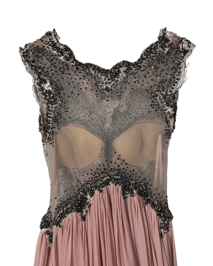 Pink Evening Gown with Sheer Beaded Bodice & Back - Funkify