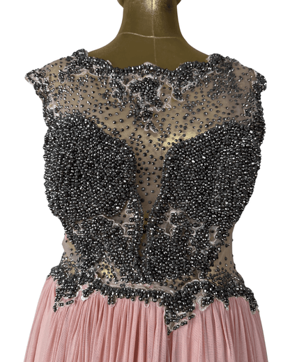 Pink Evening Gown with Sheer Beaded Bodice & Back - Funkify