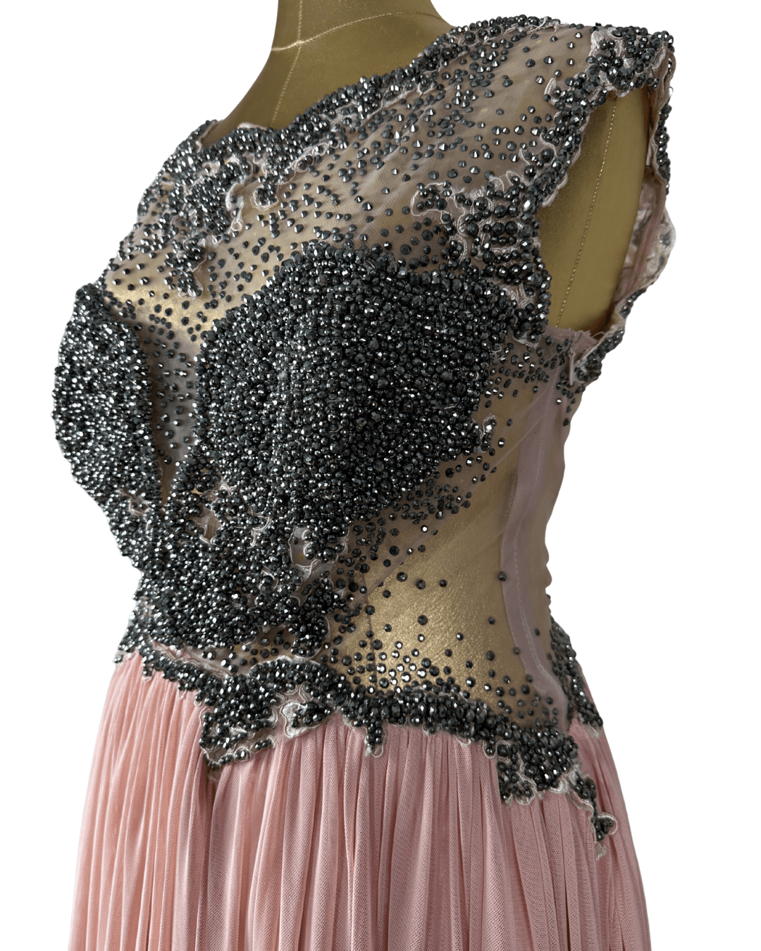 Pink Evening Gown with Sheer Beaded Bodice & Back - Funkify
