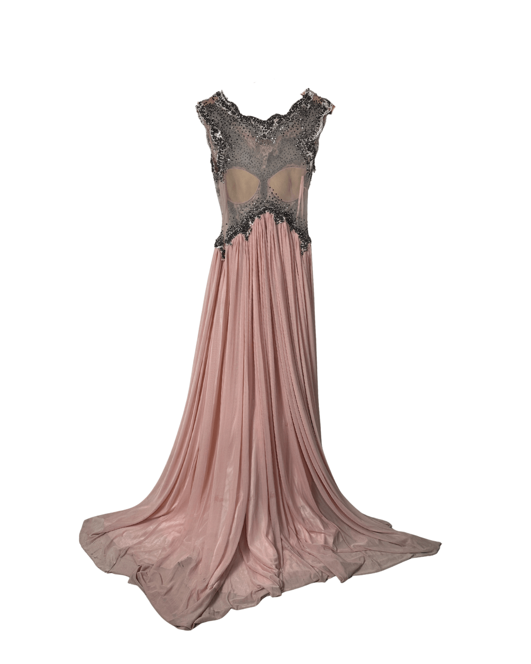 Pink Evening Gown with Sheer Beaded Bodice & Back - Funkify