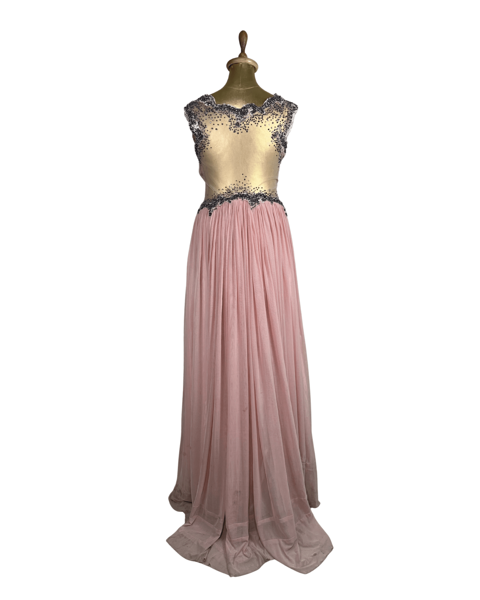 Pink Evening Gown with Sheer Beaded Bodice & Back - Funkify