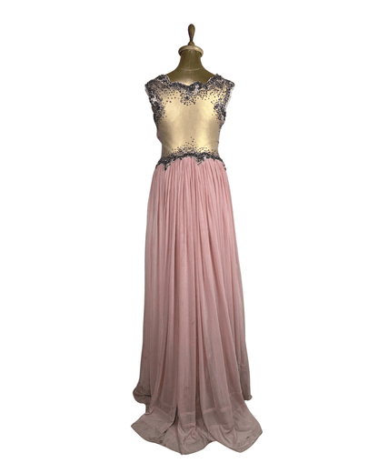 Pink Evening Gown with Sheer Beaded Bodice & Back - Funkify