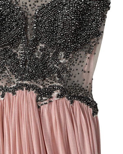 Pink Evening Gown with Sheer Beaded Bodice & Back - Funkify