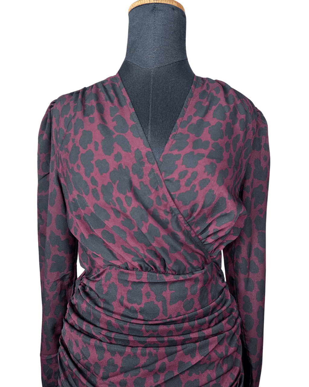 Plum Leopard Print Ruched Faux - Wrap Dress - Funkify