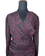 Plum Leopard Print Ruched Faux - Wrap Dress - Funkify