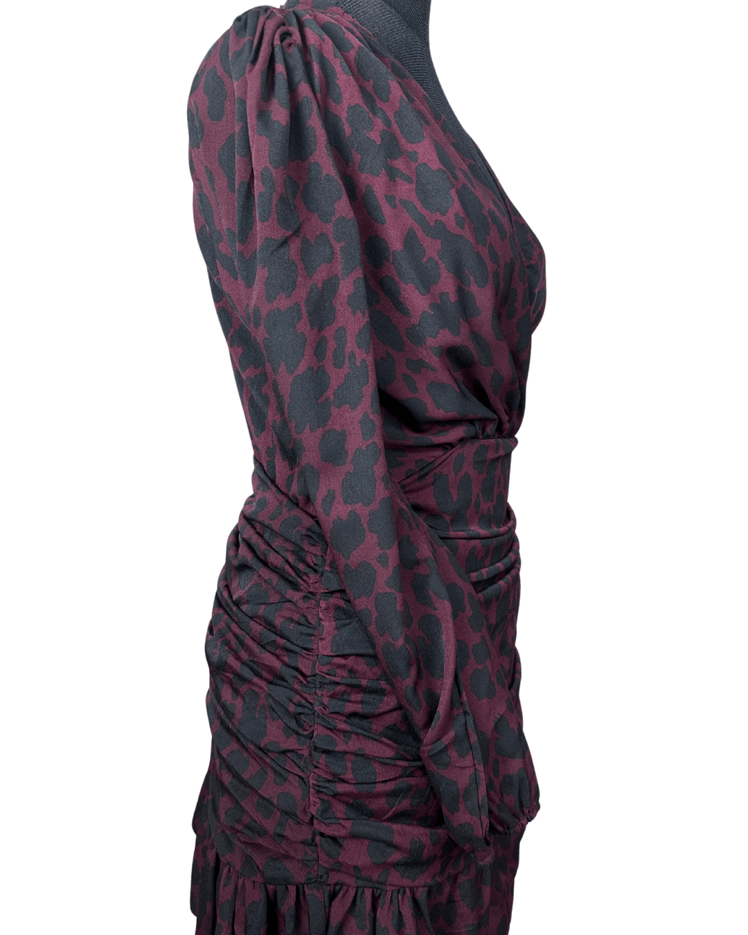 Plum Leopard Print Ruched Faux - Wrap Dress - Funkify