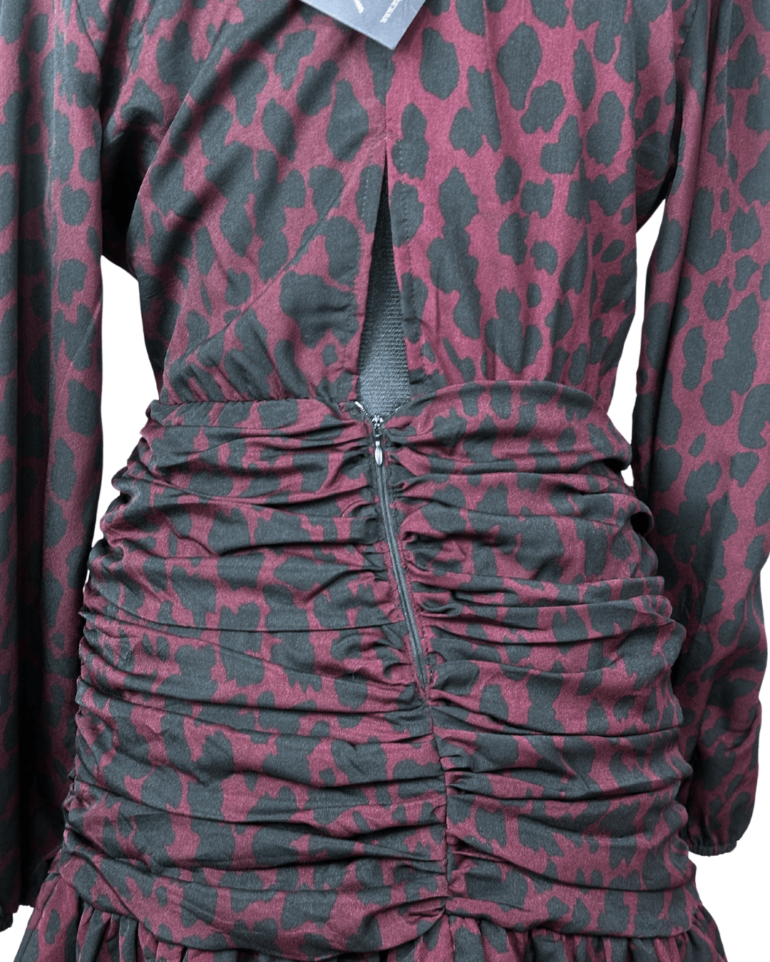 Plum Leopard Print Ruched Faux - Wrap Dress - Funkify
