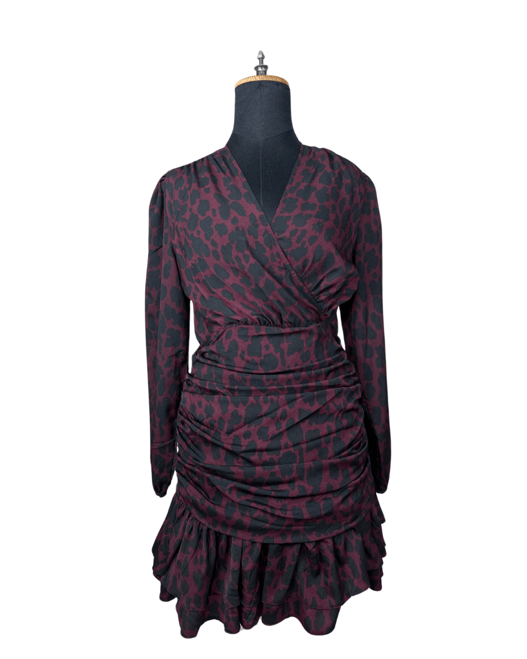 Plum Leopard Print Ruched Faux - Wrap Dress - Funkify