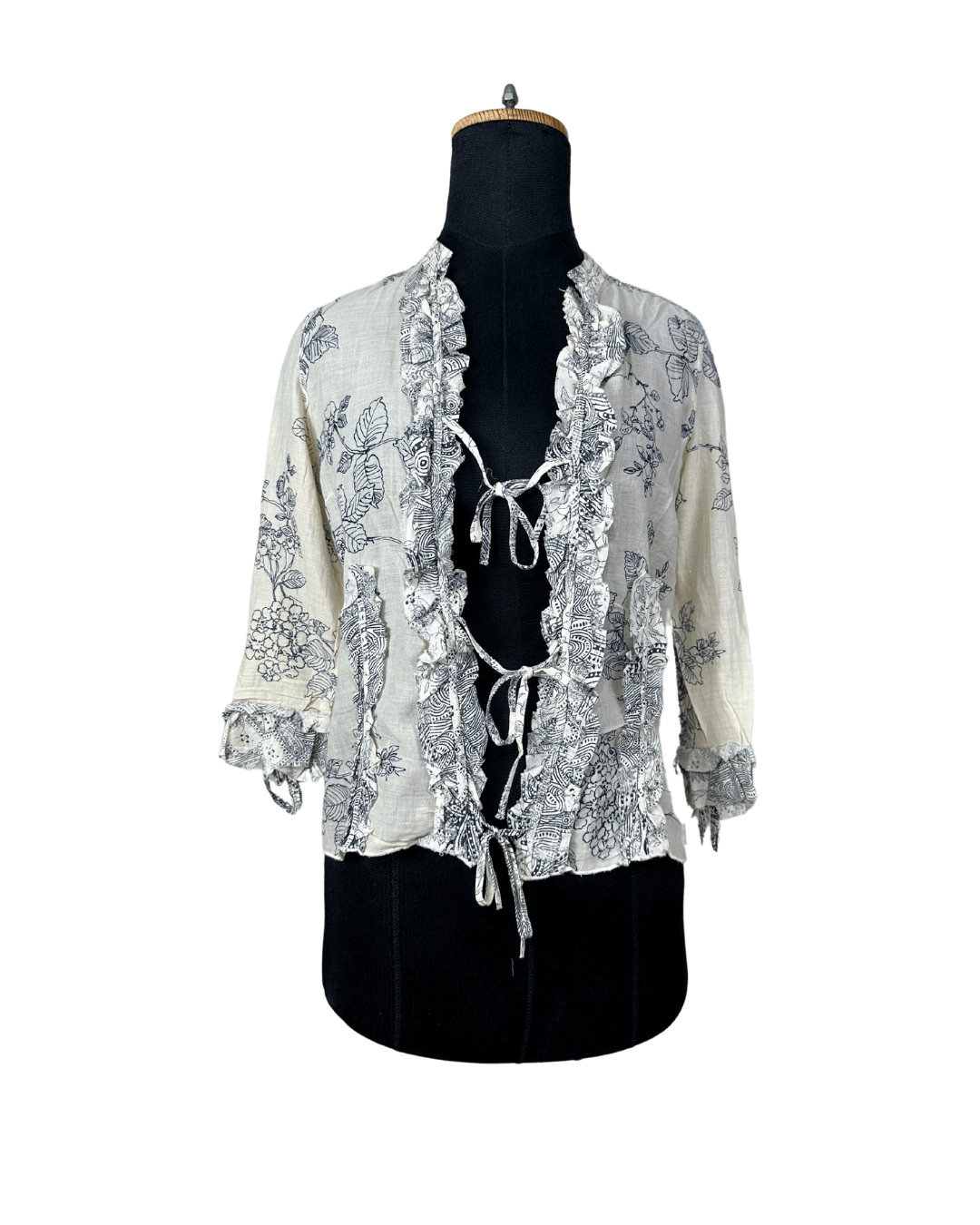 Principles Petite Floral Tie - Front Ruffle Blouse - Small - Funkify