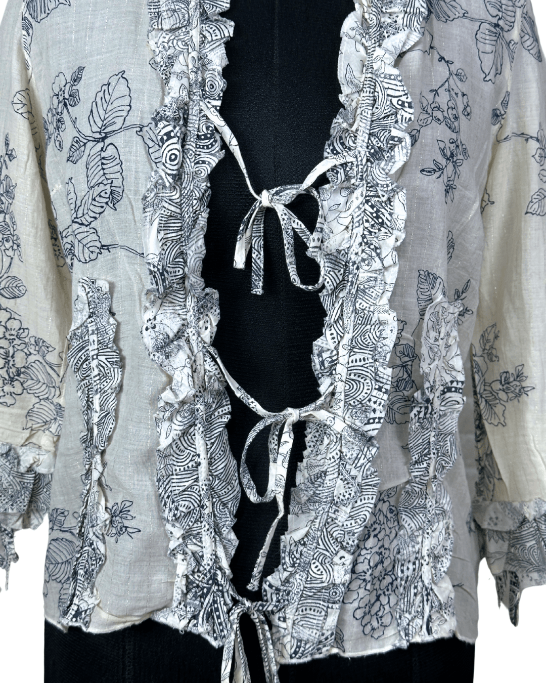 Principles Petite Floral Tie - Front Ruffle Blouse - Small - Funkify