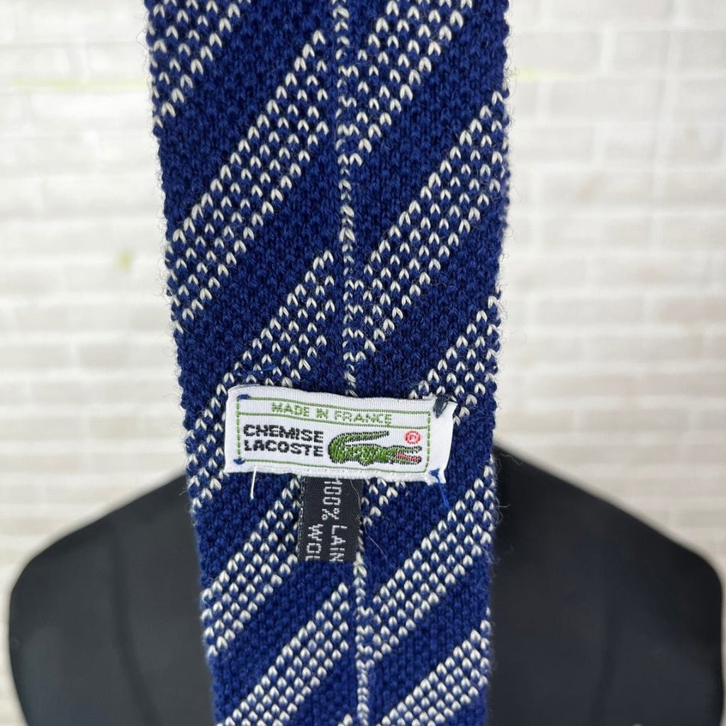 RARE Vintage Chemise Lacoste Wool Knitted Striped Navy Necktie 6 cm - Funkify