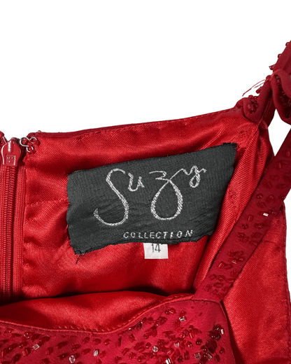 Red Beaded Maxi Evening Dress - Medium - Funkify