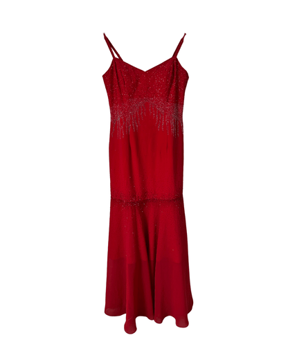 Red Beaded Maxi Evening Dress - Medium - Funkify