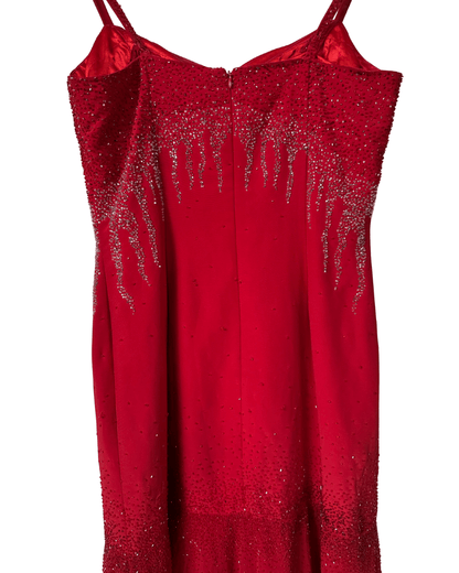 Red Beaded Maxi Evening Dress - Medium - Funkify