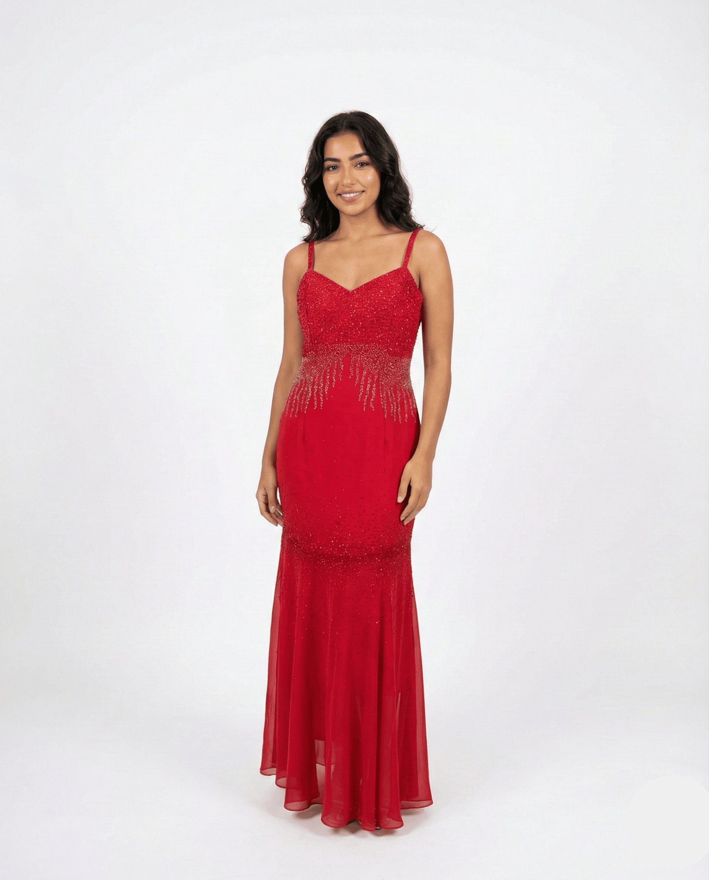 Red Beaded Maxi Evening Dress - Medium - Funkify