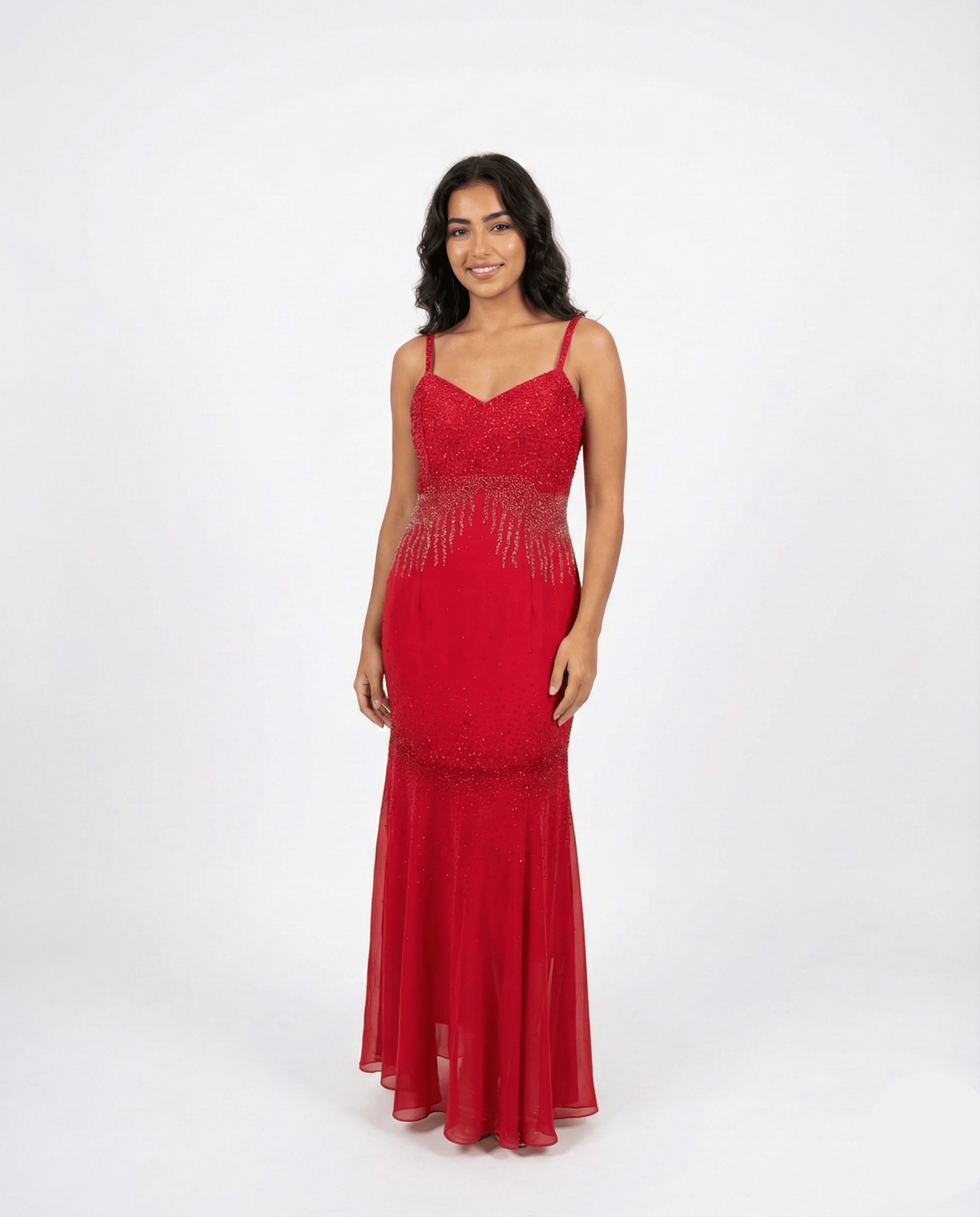 Red Beaded Maxi Evening Dress - Medium - Funkify