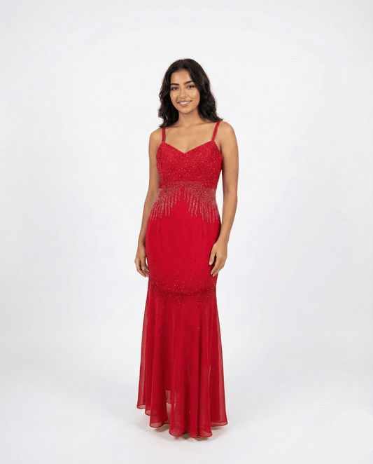 Red Beaded Maxi Evening Dress - Medium - Funkify