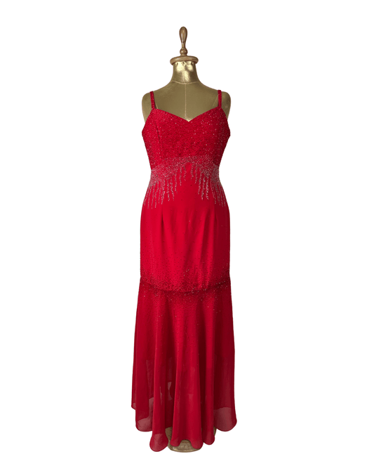 Red Beaded Maxi Evening Dress - Medium - Funkify