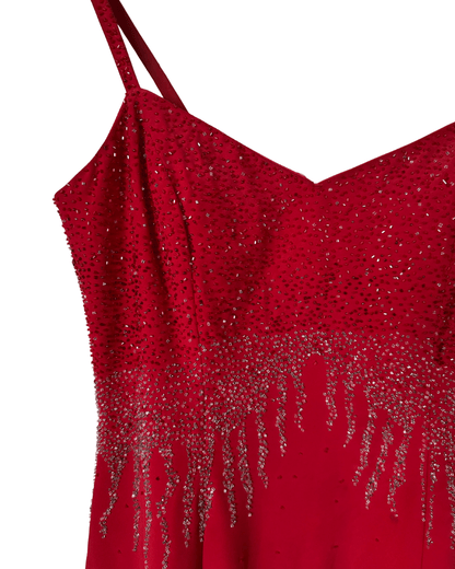 Red Beaded Maxi Evening Dress - Medium - Funkify