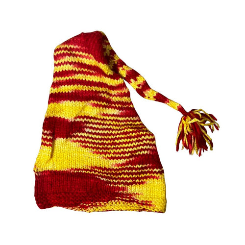 Red & Yellow Knit Beanie with Tassel Tail - Funkify