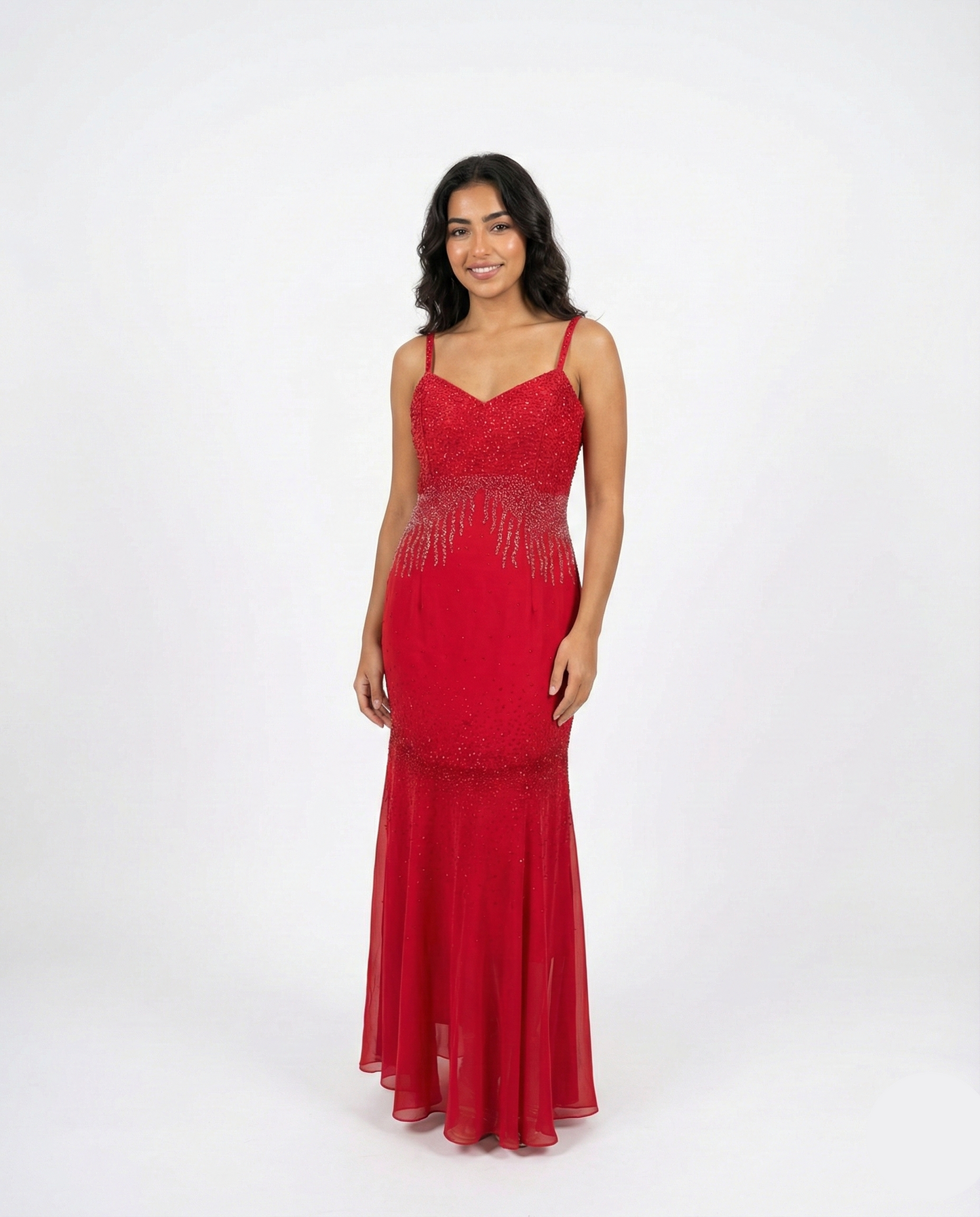 Red Beaded Maxi Evening Dress (Medium)