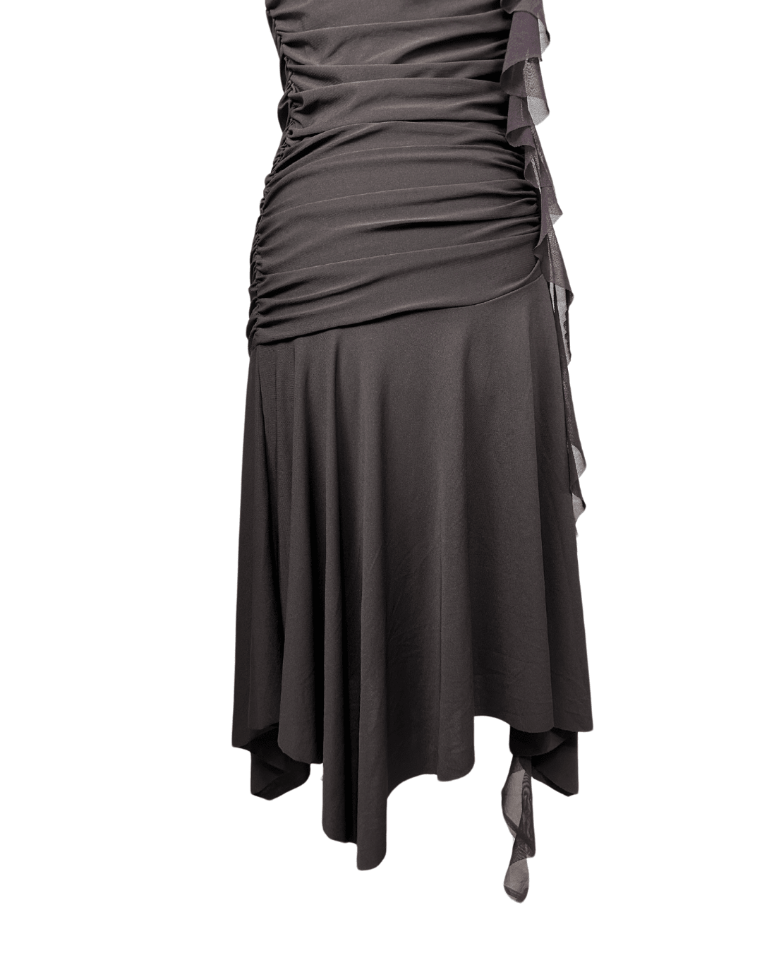 Ruched Brown Midi Dress with Sequin Trim & Ruffle Side Detail - Funkify