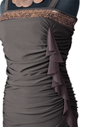 Ruched Brown Midi Dress with Sequin Trim & Ruffle Side Detail - Funkify