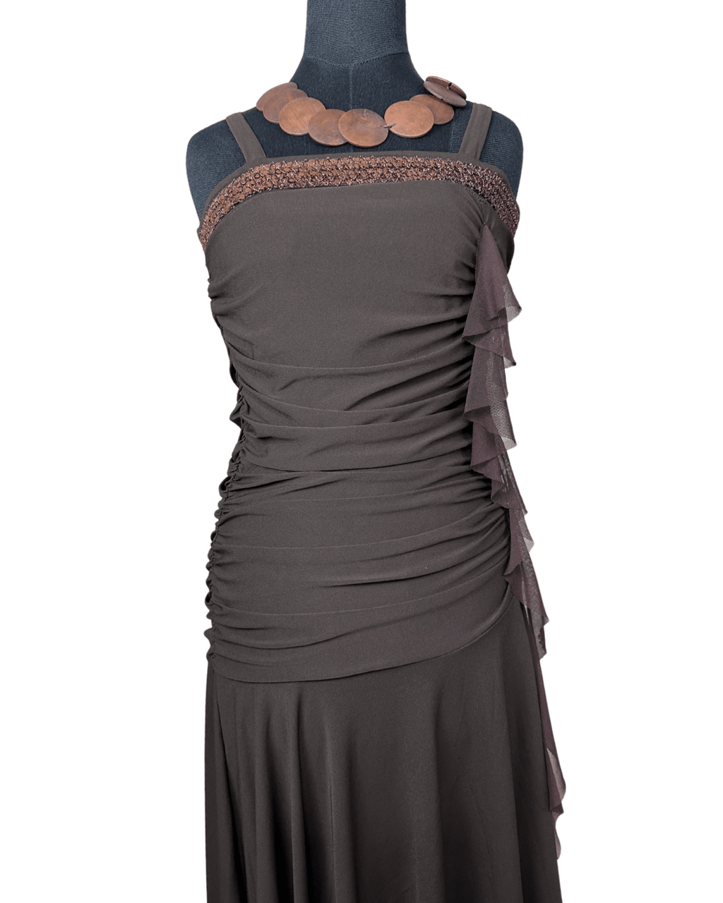 Ruched Brown Midi Dress with Sequin Trim & Ruffle Side Detail - Funkify