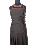 Ruched Brown Midi Dress with Sequin Trim & Ruffle Side Detail - Funkify